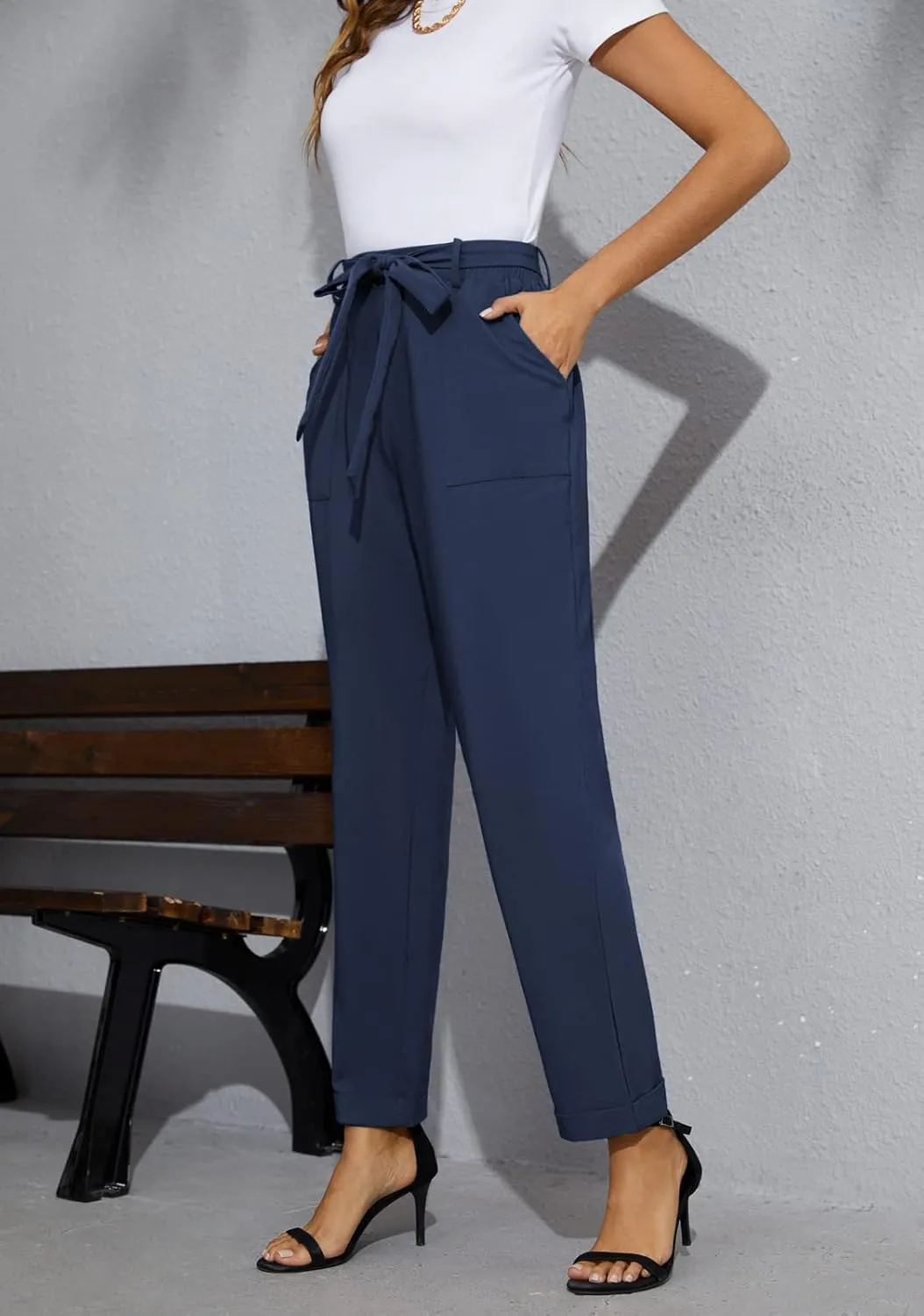 GRACE KARIN Women High Waist Pants with Belt Fold-up Leg Opening Pants with Big Pockets