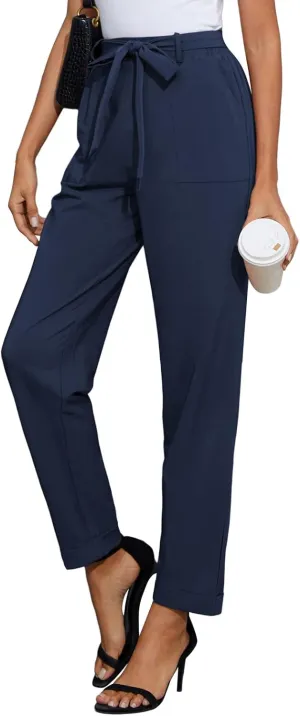 GRACE KARIN Women High Waist Pants with Belt Fold-up Leg Opening Pants with Big Pockets