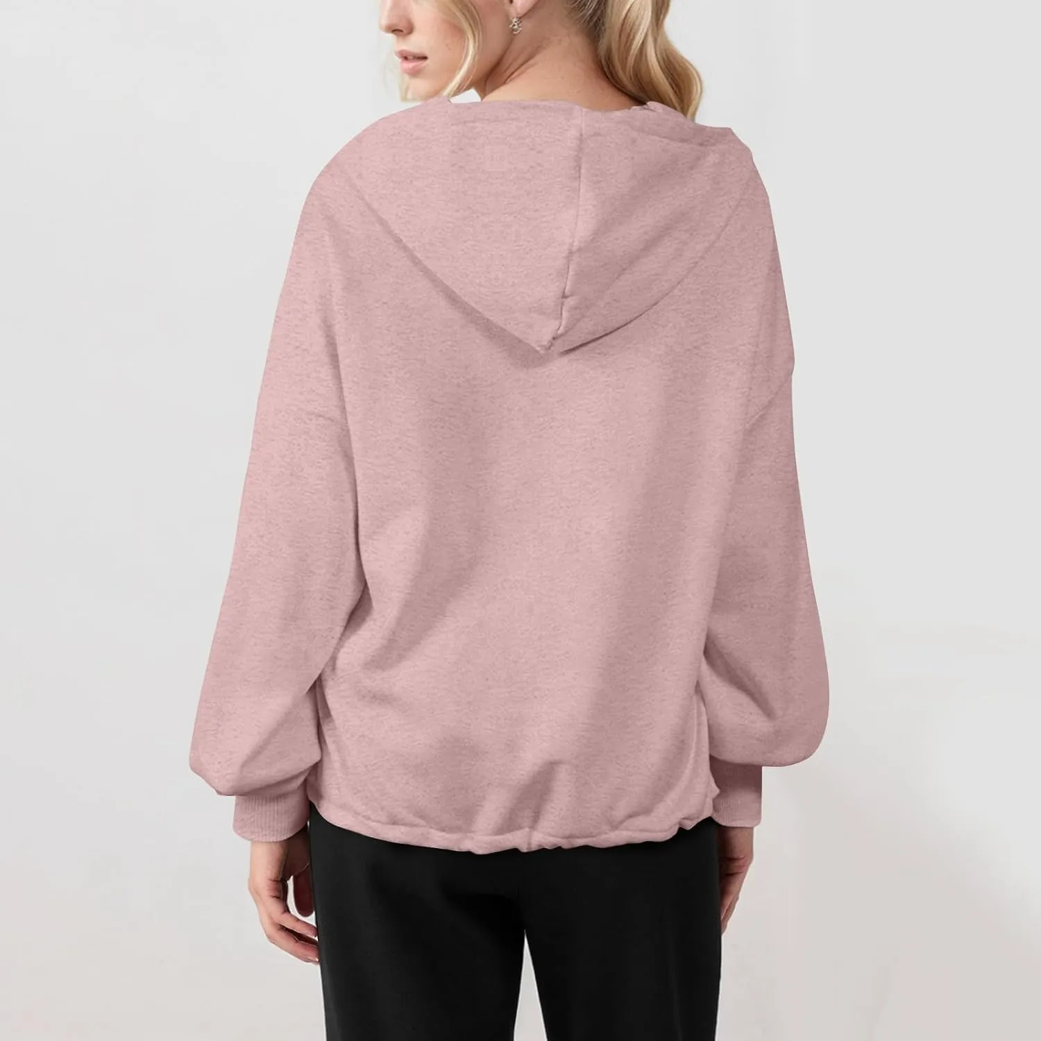 Half Zip Pullover Women Casual Long Sleeve Lapel Hooded Sweatshirt Cute Hoodies with Adjustable Drawstring Bottom
