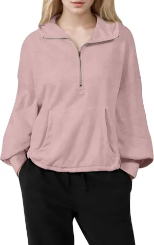 Half Zip Pullover Women Casual Long Sleeve Lapel Hooded Sweatshirt Cute Hoodies with Adjustable Drawstring Bottom