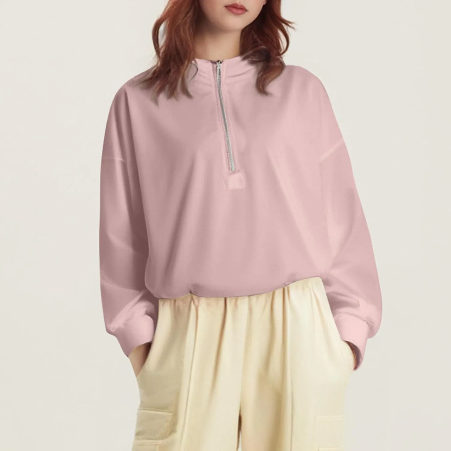 Half Zip Pullover Women Casual Long Sleeve Lapel Hooded Sweatshirt Cute Hoodies with Adjustable Drawstring Bottom