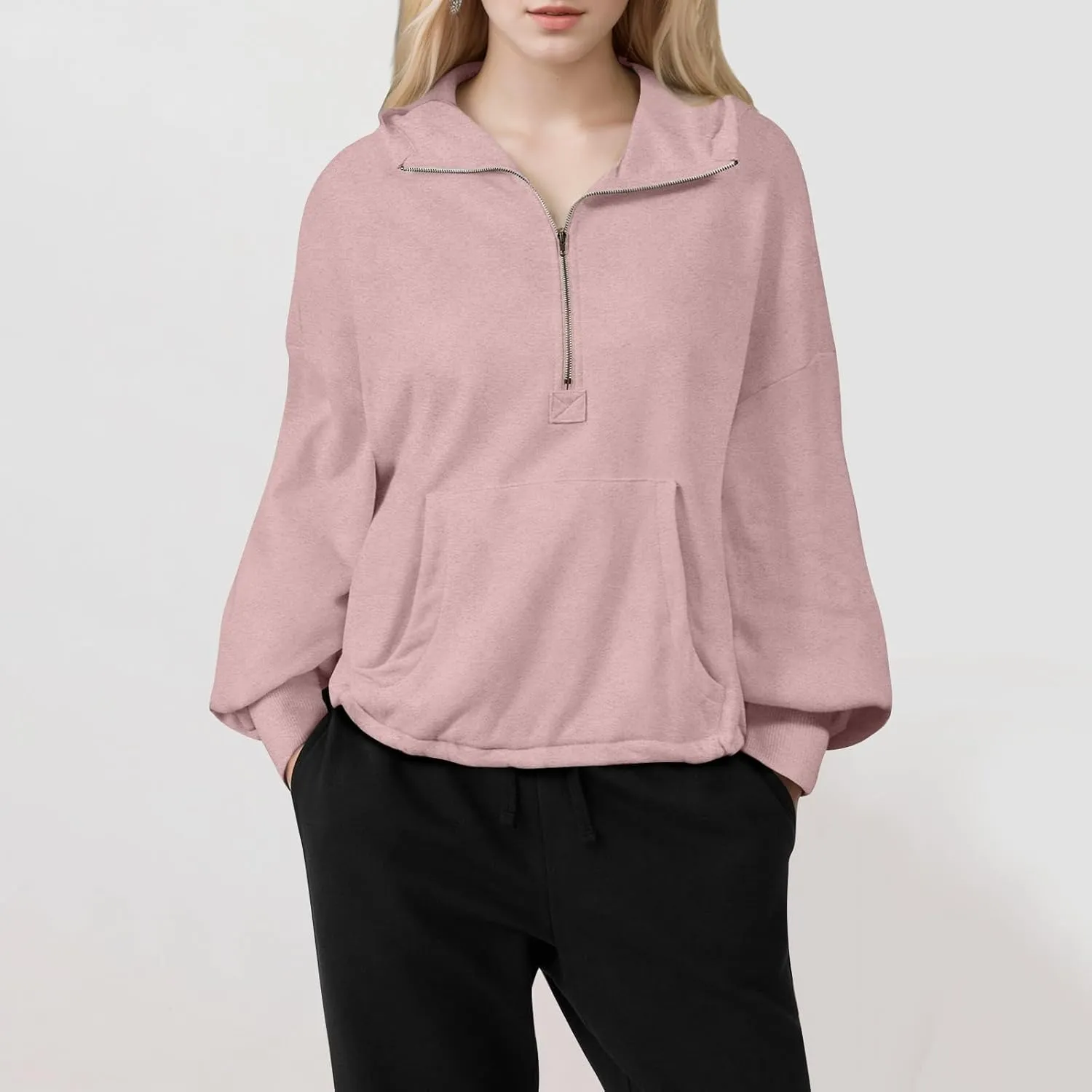 Half Zip Pullover Women Casual Long Sleeve Lapel Hooded Sweatshirt Cute Hoodies with Adjustable Drawstring Bottom