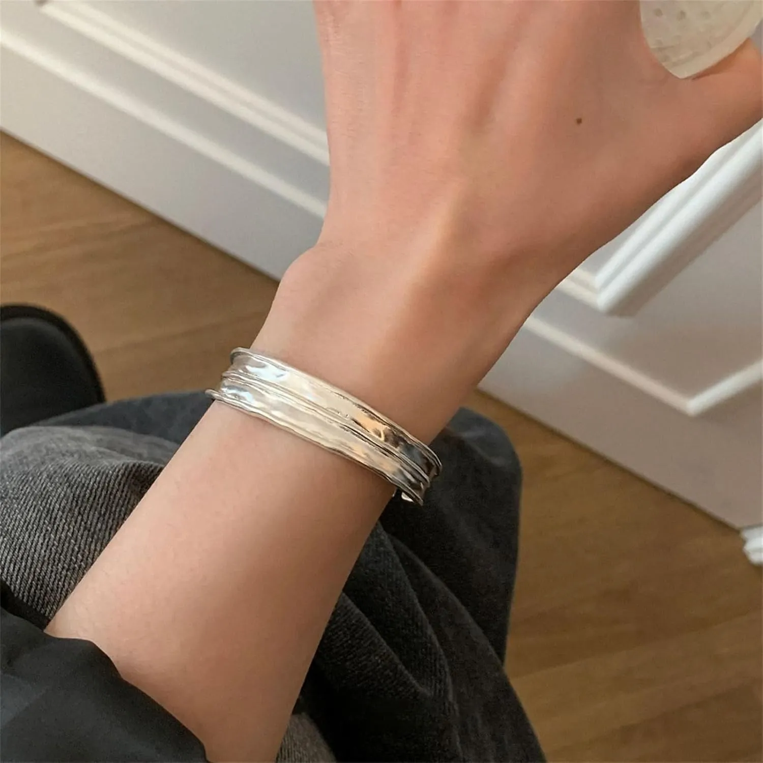 Handmade 925 Sterling Silver Bangle Bracelets For Women Irregular Hammered Cuff Bangles Texture Bangle Bracelets Open Adjustable Cuff Bangles For Women Wide Band Bangles Simple Statement Bangle Gifts