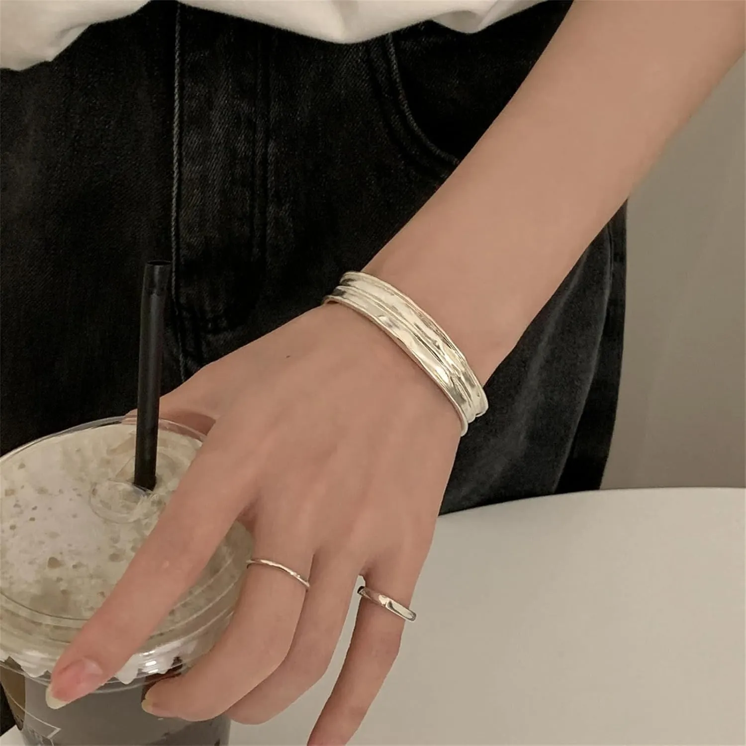Handmade 925 Sterling Silver Bangle Bracelets For Women Irregular Hammered Cuff Bangles Texture Bangle Bracelets Open Adjustable Cuff Bangles For Women Wide Band Bangles Simple Statement Bangle Gifts