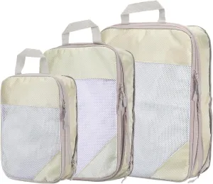 HARFINGTON 3pcs Compression Packing Cube for Suitcases Lightweight Luggage Organizers Bag Expandable Storage Travel Essentials Compression Bags for Carry on Suitcases, Beige