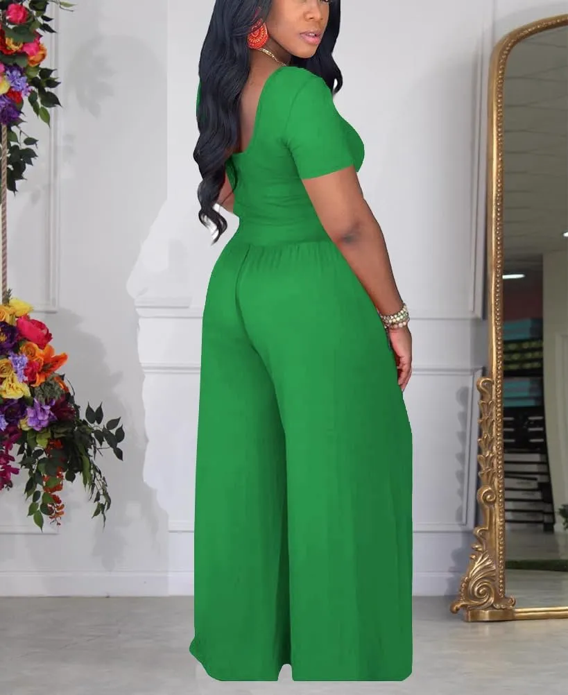 HBQ Two Piece Outfits For Women Casual Sweat Suits Backless Short Sleeve Crop Tops Wide Leg Pants Lounge Sets Tracksuit