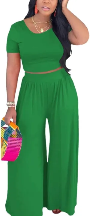 HBQ Two Piece Outfits For Women Casual Sweat Suits Backless Short Sleeve Crop Tops Wide Leg Pants Lounge Sets Tracksuit