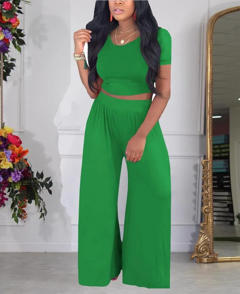HBQ Two Piece Outfits For Women Casual Sweat Suits Backless Short Sleeve Crop Tops Wide Leg Pants Lounge Sets Tracksuit