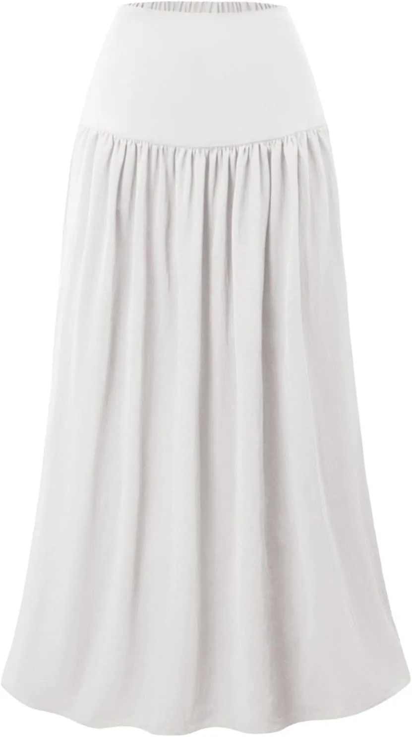 High Waisted Maxi Skirts for Women Cotton Summer Casaual Flowy Long Skirt Pleated Vacation Beach Skorts with Pockets