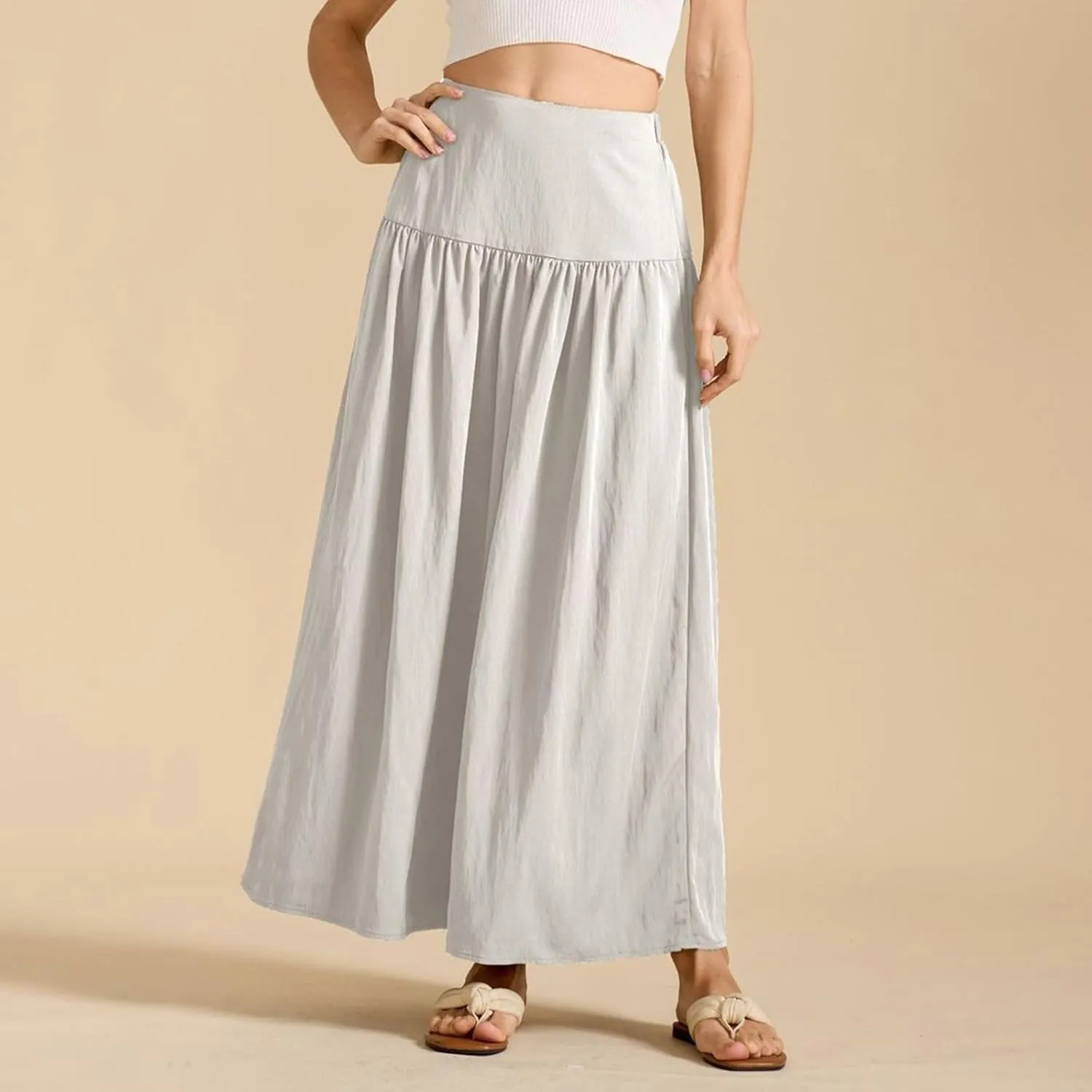 High Waisted Maxi Skirts for Women Cotton Summer Casaual Flowy Long Skirt Pleated Vacation Beach Skorts with Pockets