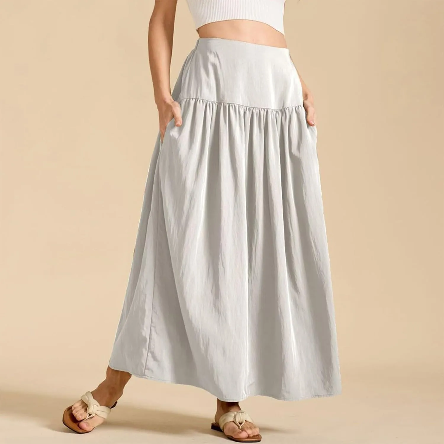 High Waisted Maxi Skirts for Women Cotton Summer Casaual Flowy Long Skirt Pleated Vacation Beach Skorts with Pockets