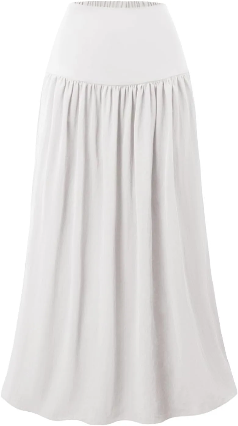 High Waisted Maxi Skirts for Women Cotton Summer Casaual Flowy Long Skirt Pleated Vacation Beach Skorts with Pockets