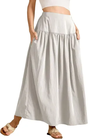 High Waisted Maxi Skirts for Women Cotton Summer Casaual Flowy Long Skirt Pleated Vacation Beach Skorts with Pockets