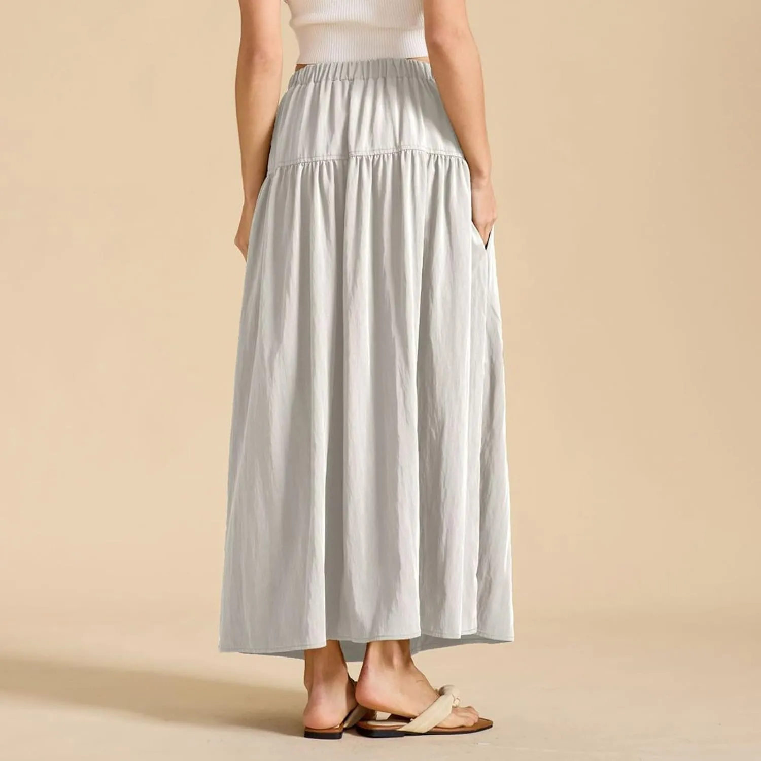 High Waisted Maxi Skirts for Women Cotton Summer Casaual Flowy Long Skirt Pleated Vacation Beach Skorts with Pockets