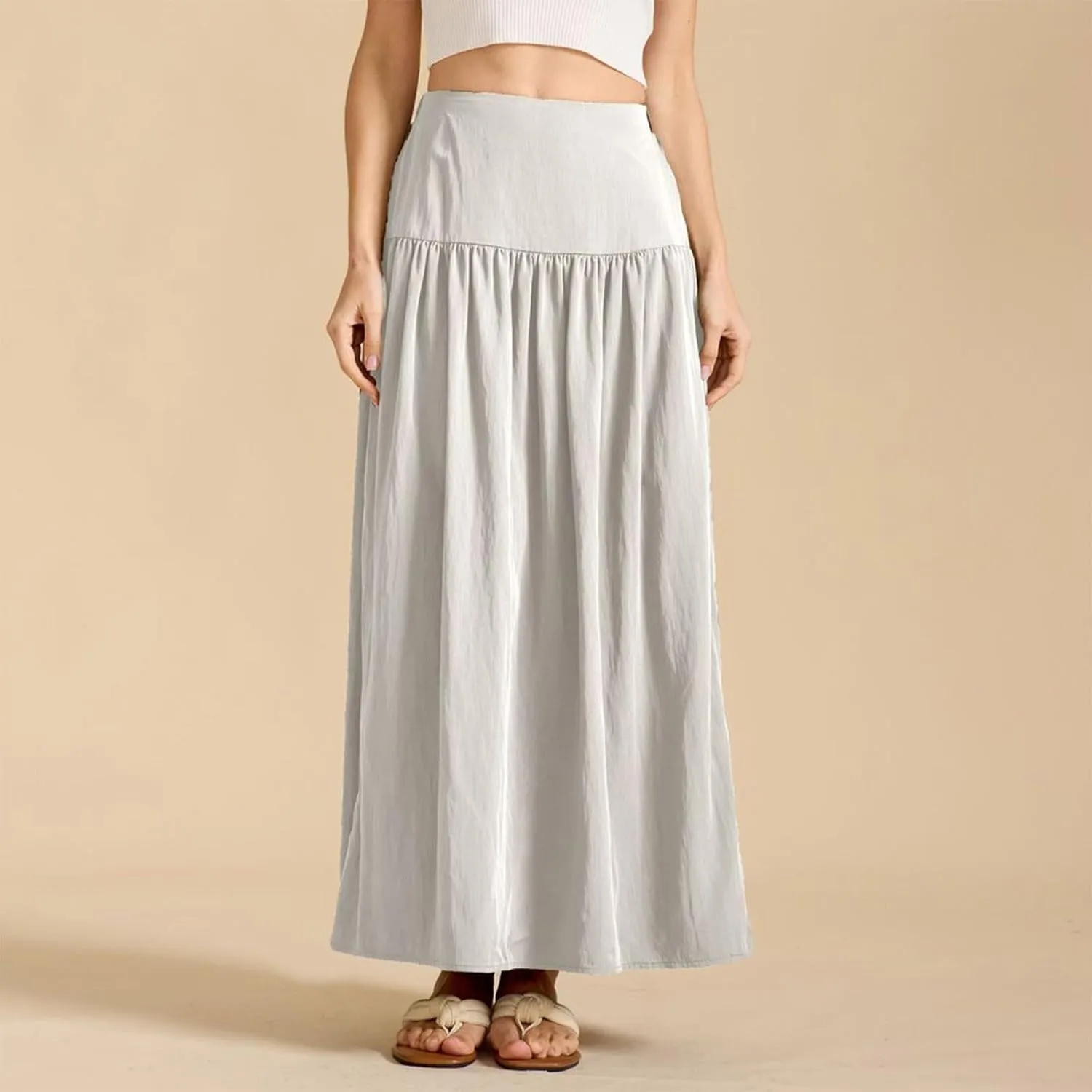 High Waisted Maxi Skirts for Women Cotton Summer Casaual Flowy Long Skirt Pleated Vacation Beach Skorts with Pockets