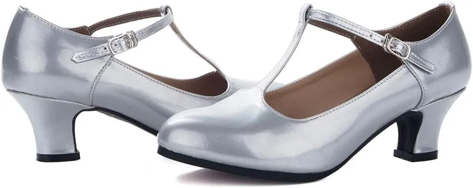 HIPPOSEUS Women Ballroom Dance Shoes Closed Toe Wedding Party Pumps T Strap Character Shoes, Model KM-719