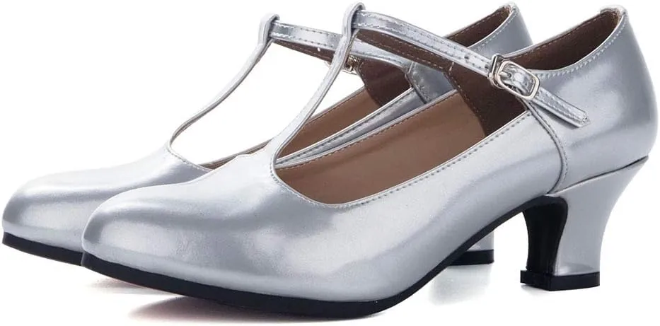HIPPOSEUS Women Ballroom Dance Shoes Closed Toe Wedding Party Pumps T Strap Character Shoes, Model KM-719