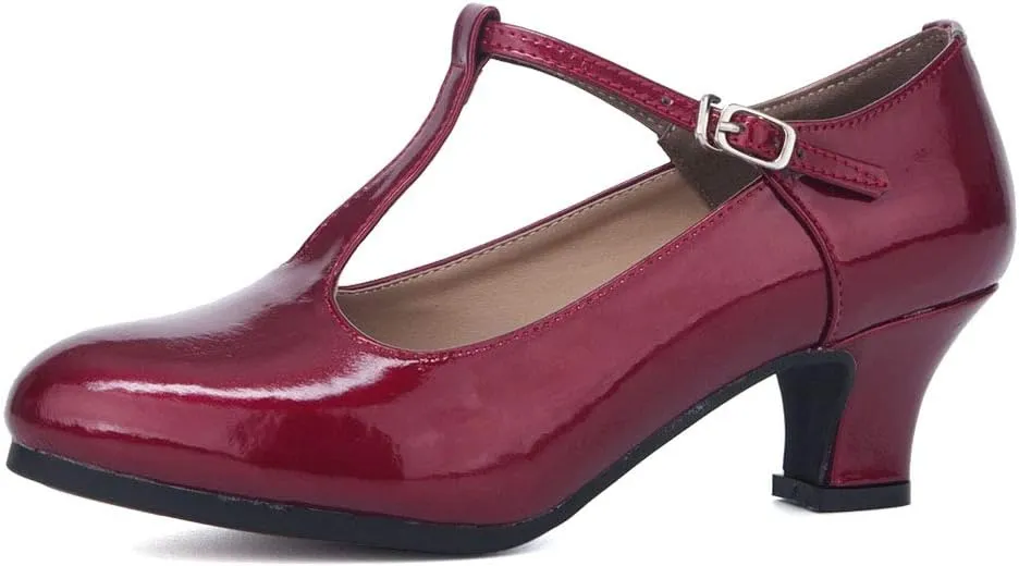 HIPPOSEUS Women Ballroom Dance Shoes Closed Toe Wedding Party Pumps T Strap Character Shoes, Model KM-719