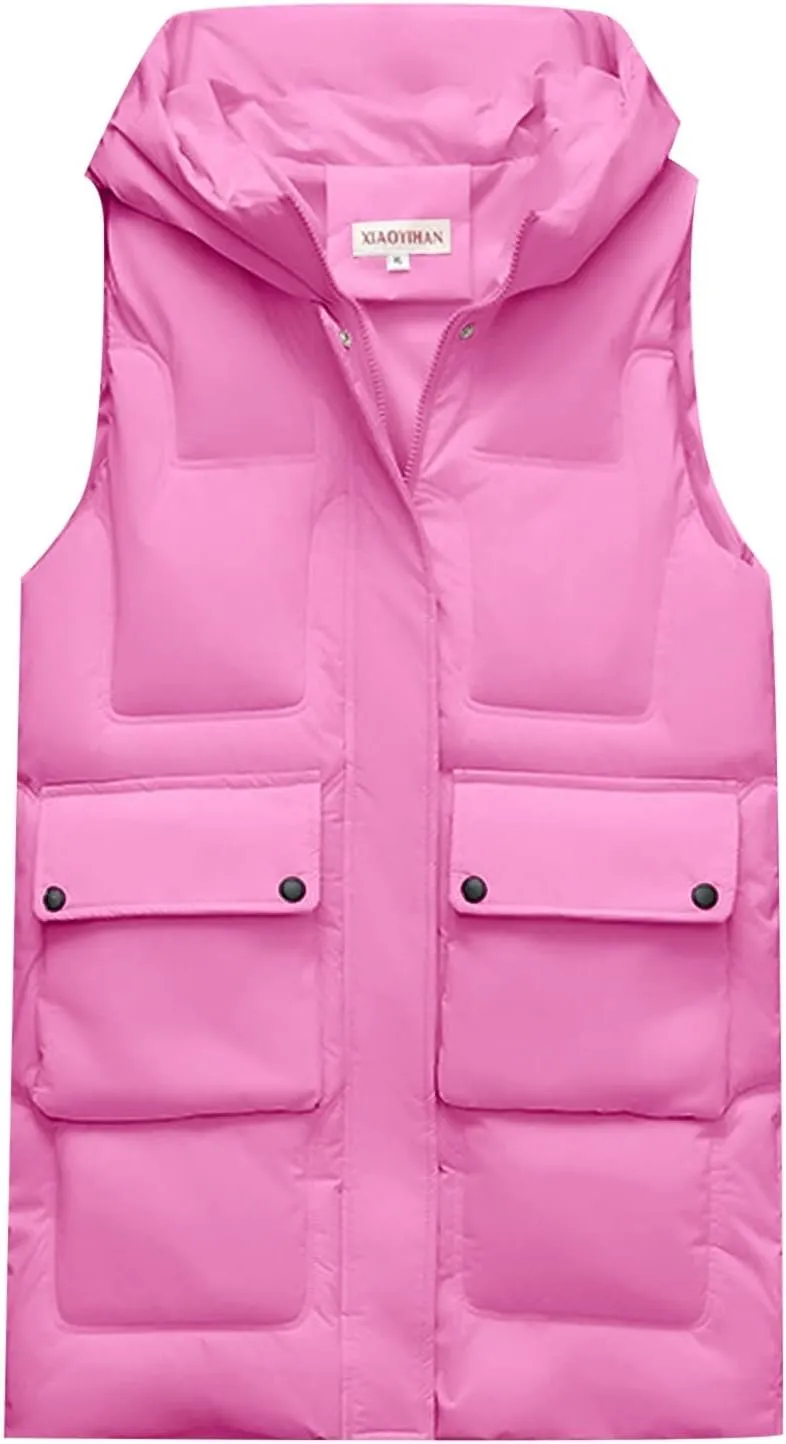 iLH Womens Winter Solid Color Sleeveless Jacket Vest Long Hoodie Warm Down Jacket with Pockets Quilted Outdoor Jacket Zip