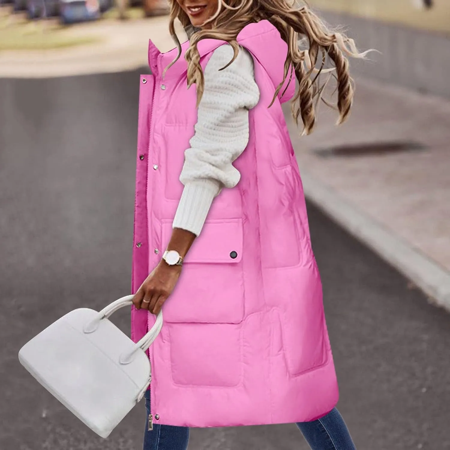iLH Womens Winter Solid Color Sleeveless Jacket Vest Long Hoodie Warm Down Jacket with Pockets Quilted Outdoor Jacket Zip