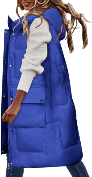 iLH Womens Winter Solid Color Sleeveless Jacket Vest Long Hoodie Warm Down Jacket with Pockets Quilted Outdoor Jacket Zip