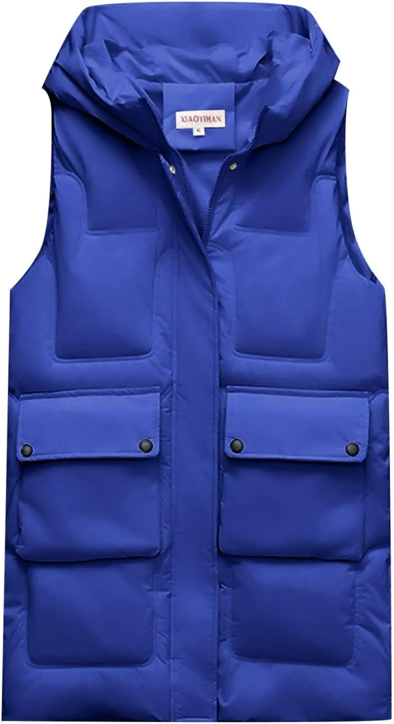 iLH Womens Winter Solid Color Sleeveless Jacket Vest Long Hoodie Warm Down Jacket with Pockets Quilted Outdoor Jacket Zip