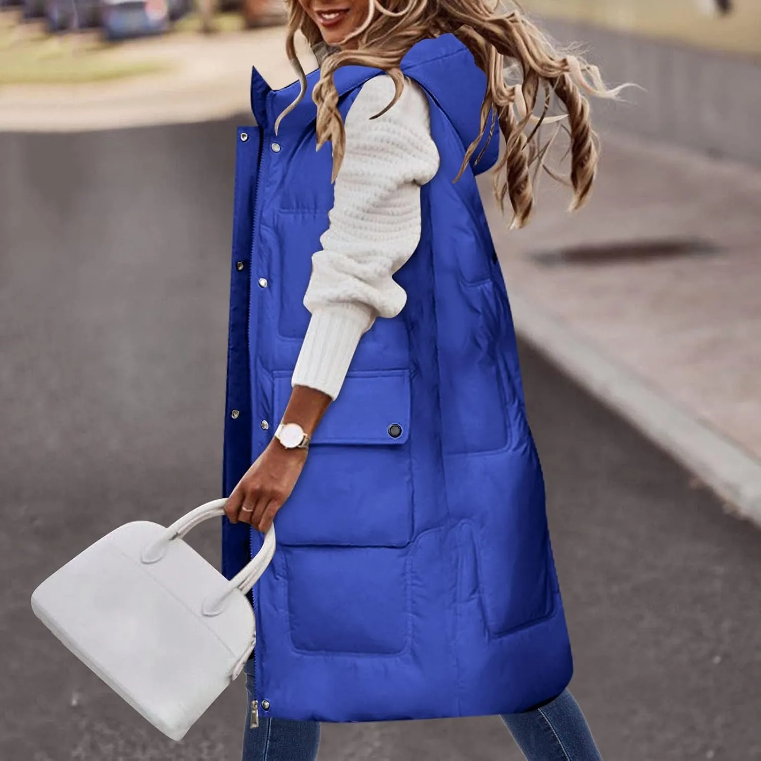 iLH Womens Winter Solid Color Sleeveless Jacket Vest Long Hoodie Warm Down Jacket with Pockets Quilted Outdoor Jacket Zip
