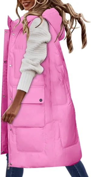 iLH Womens Winter Solid Color Sleeveless Jacket Vest Long Hoodie Warm Down Jacket with Pockets Quilted Outdoor Jacket Zip