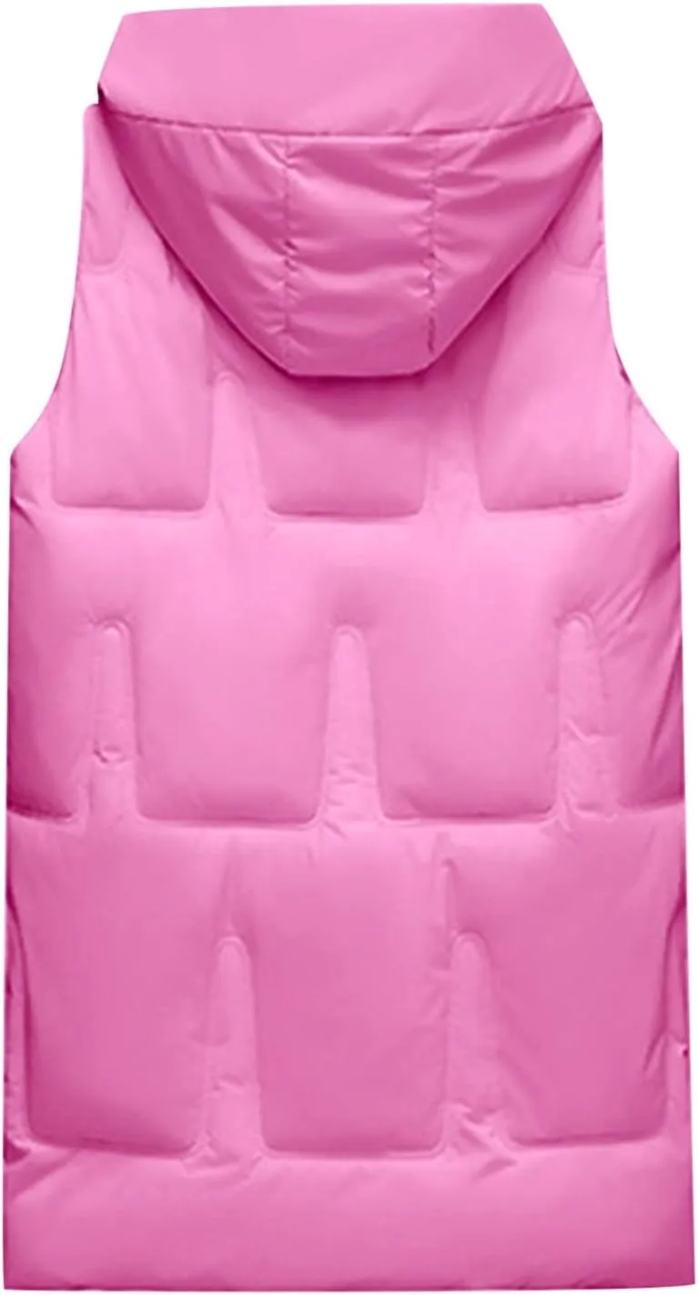 iLH Womens Winter Solid Color Sleeveless Jacket Vest Long Hoodie Warm Down Jacket with Pockets Quilted Outdoor Jacket Zip