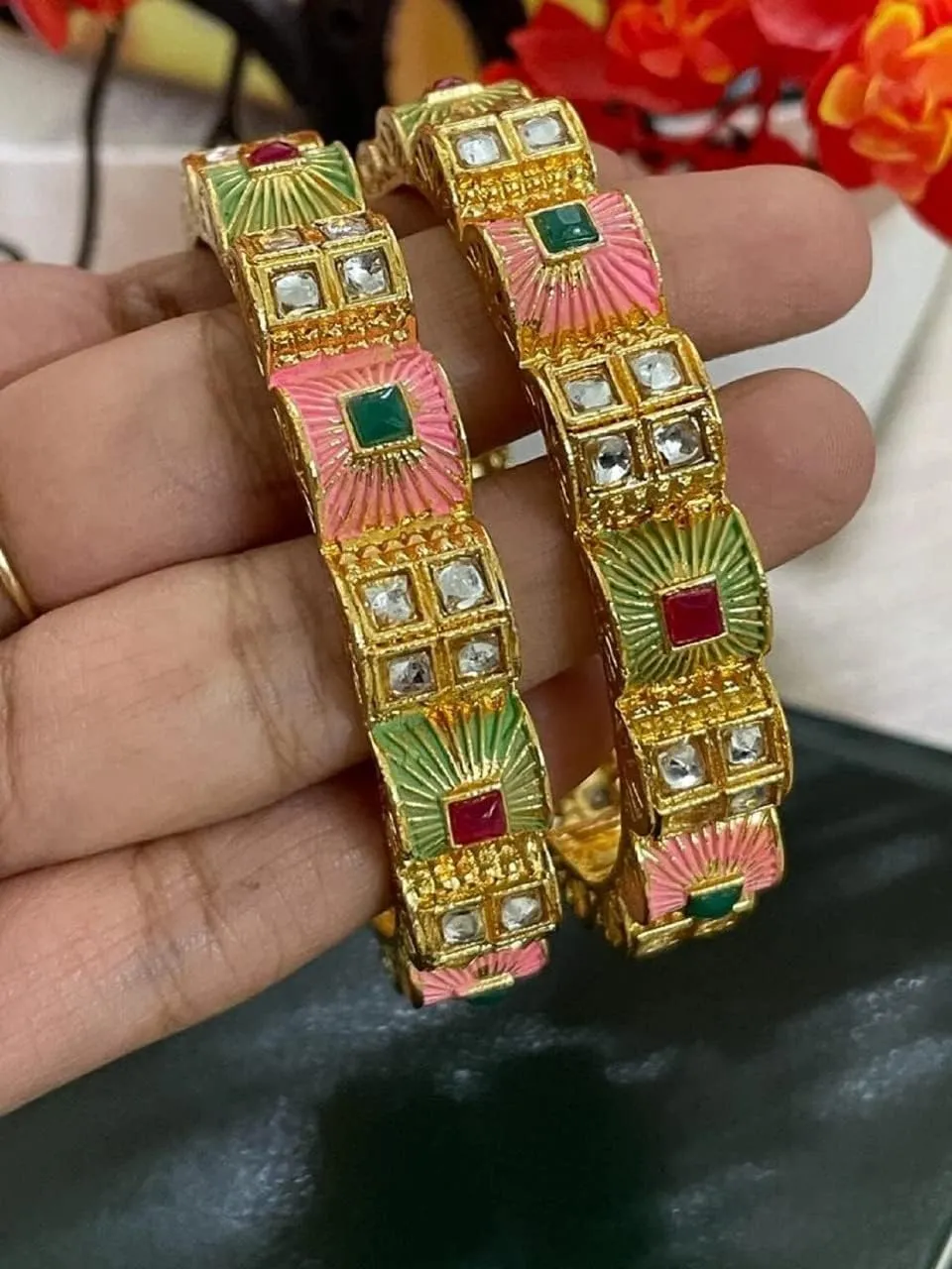 Indian Bollywood Finely Hand Engraved Peeled Metal Pretty Mesh Work Jaipur Meenakari Enamel Exclusive Designer Jewelry Bangle Bracelets In Gold Tone For Women.