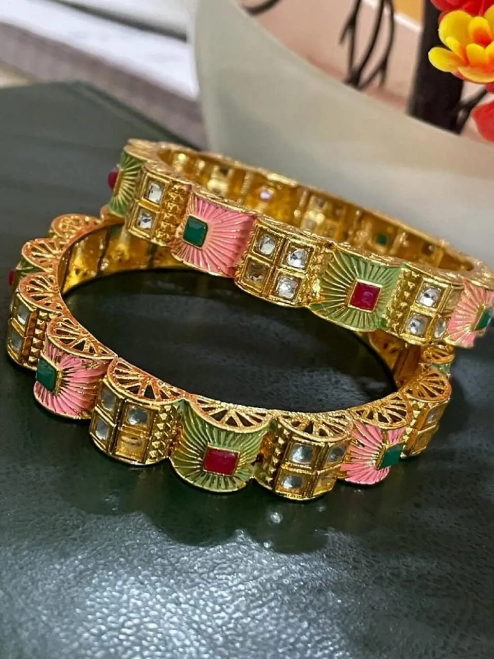 Indian Bollywood Finely Hand Engraved Peeled Metal Pretty Mesh Work Jaipur Meenakari Enamel Exclusive Designer Jewelry Bangle Bracelets In Gold Tone For Women.