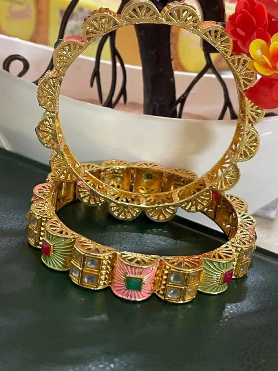 Indian Bollywood Finely Hand Engraved Peeled Metal Pretty Mesh Work Jaipur Meenakari Enamel Exclusive Designer Jewelry Bangle Bracelets In Gold Tone For Women.