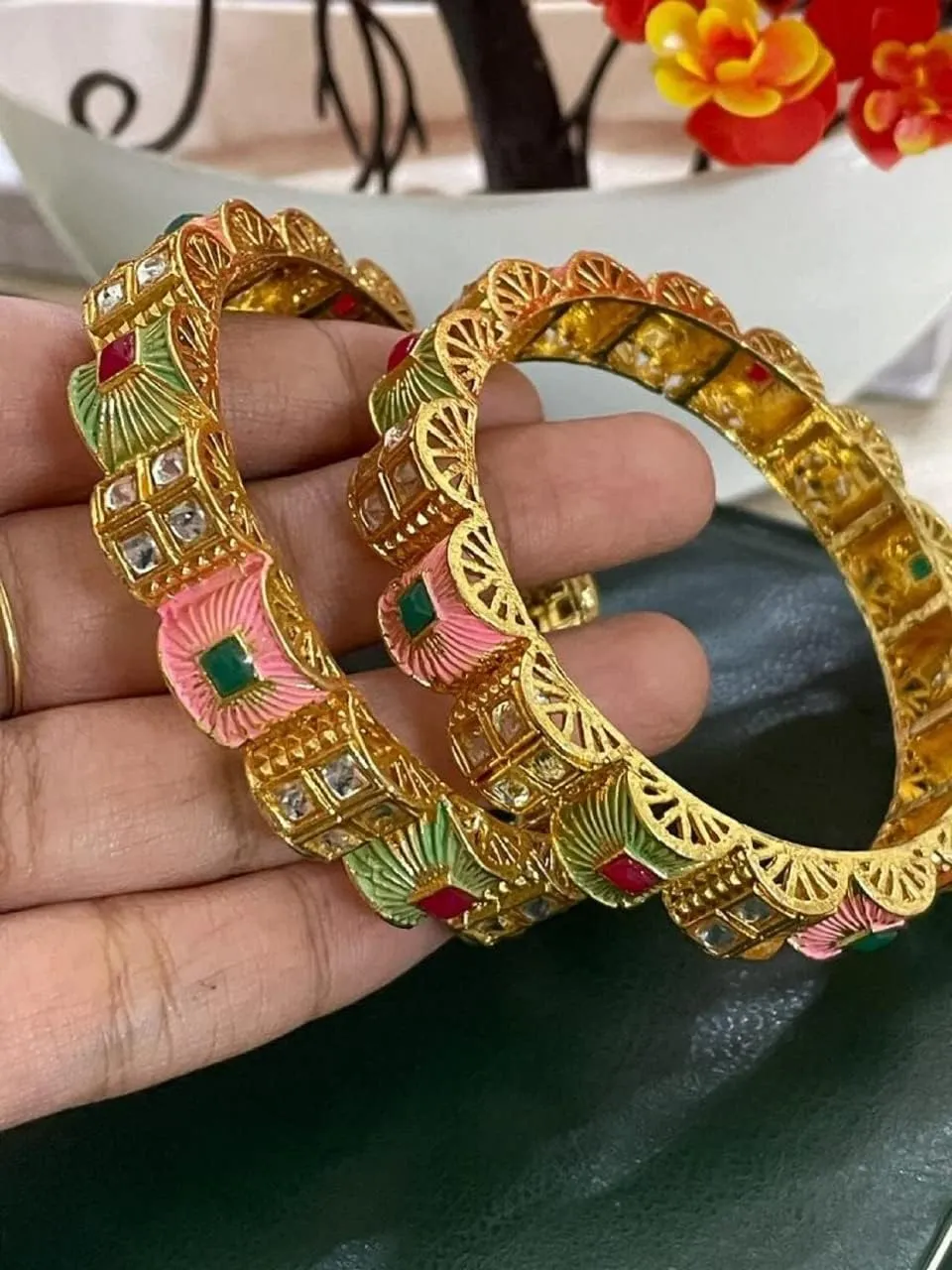 Indian Bollywood Finely Hand Engraved Peeled Metal Pretty Mesh Work Jaipur Meenakari Enamel Exclusive Designer Jewelry Bangle Bracelets In Gold Tone For Women.