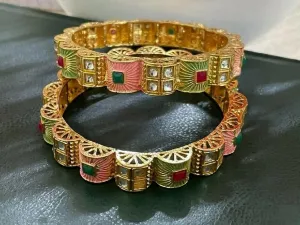 Indian Bollywood Finely Hand Engraved Peeled Metal Pretty Mesh Work Jaipur Meenakari Enamel Exclusive Designer Jewelry Bangle Bracelets In Gold Tone For Women.