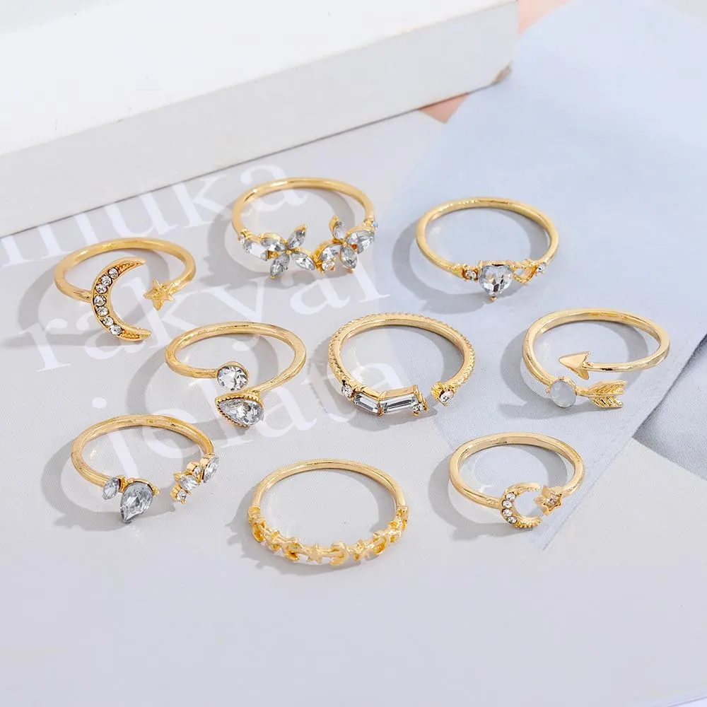 INENIMARTJ Boho Rings for Women Teen Girls,Gold Stacking Rings Set Vintage Knuckle Stackable Moon Star Snake Butterfly Heart Flower Leaf Top Finger Rings