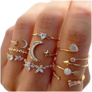 INENIMARTJ Boho Rings for Women Teen Girls,Gold Stacking Rings Set Vintage Knuckle Stackable Moon Star Snake Butterfly Heart Flower Leaf Top Finger Rings