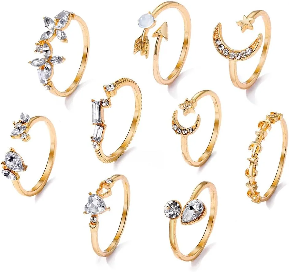 INENIMARTJ Boho Rings for Women Teen Girls,Gold Stacking Rings Set Vintage Knuckle Stackable Moon Star Snake Butterfly Heart Flower Leaf Top Finger Rings