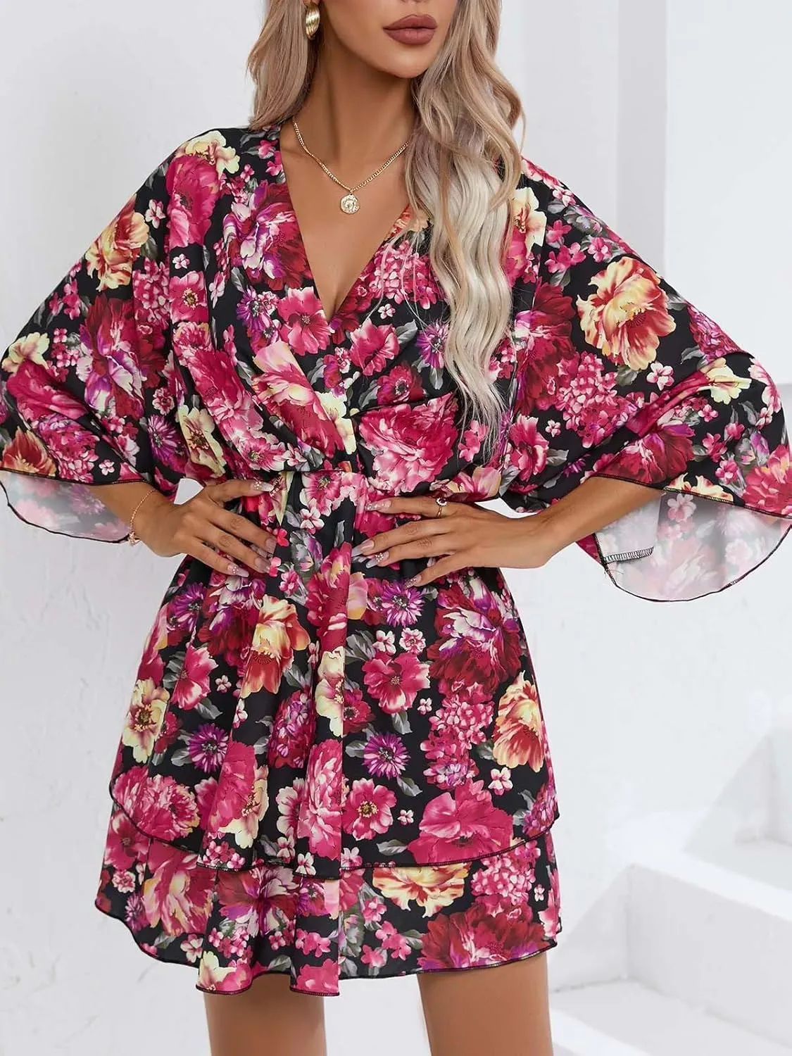IVERIRMIN Women's Boho Floral Print 3/4 Long Sleeve Short Dress Flowy V Neck A Line Ruffle Tiered Mini Dresses