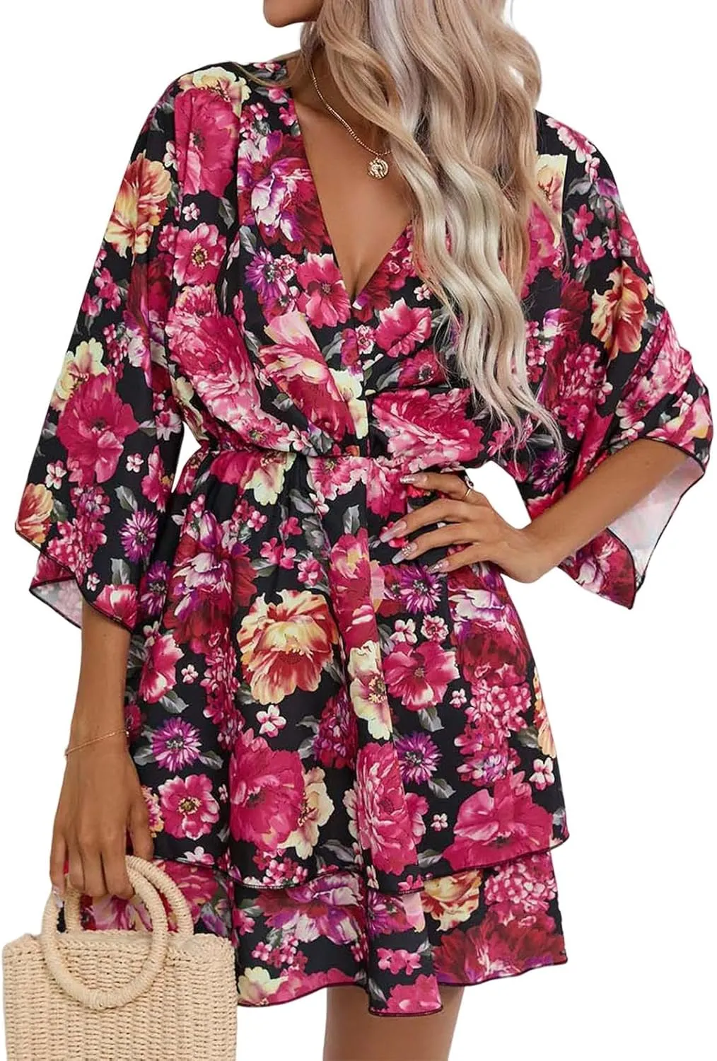 IVERIRMIN Women's Boho Floral Print 3/4 Long Sleeve Short Dress Flowy V Neck A Line Ruffle Tiered Mini Dresses