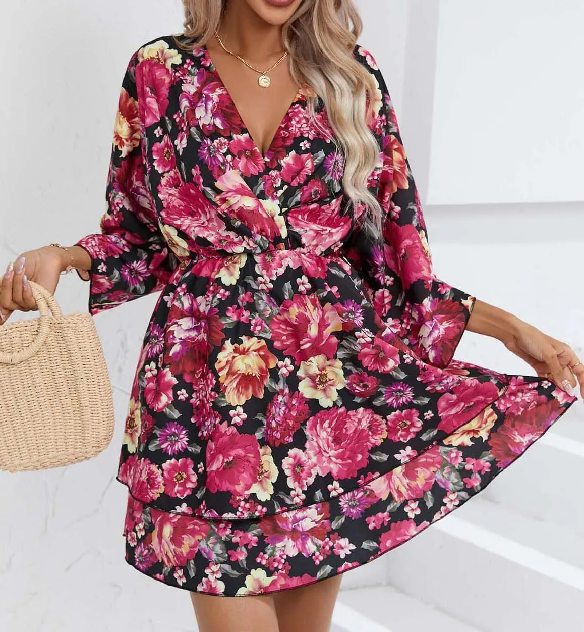 IVERIRMIN Women's Boho Floral Print 3/4 Long Sleeve Short Dress Flowy V Neck A Line Ruffle Tiered Mini Dresses