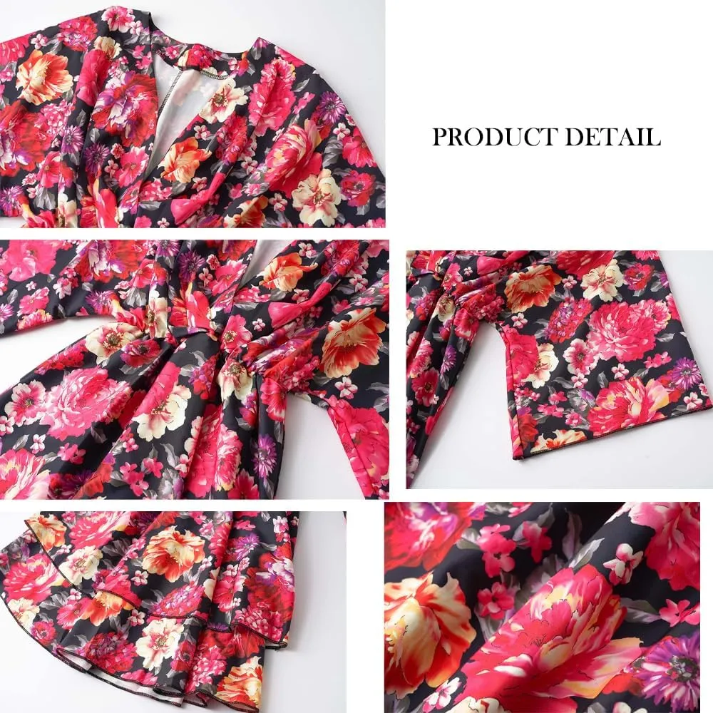 IVERIRMIN Women's Boho Floral Print 3/4 Long Sleeve Short Dress Flowy V Neck A Line Ruffle Tiered Mini Dresses