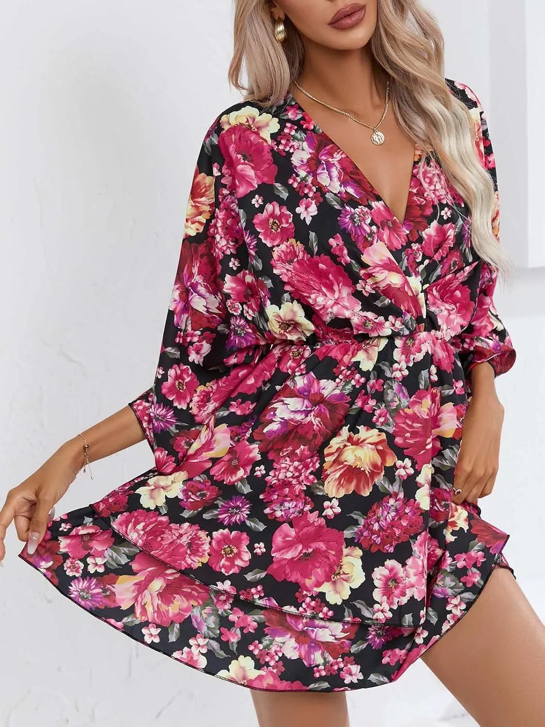 IVERIRMIN Women's Boho Floral Print 3/4 Long Sleeve Short Dress Flowy V Neck A Line Ruffle Tiered Mini Dresses