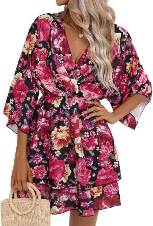 IVERIRMIN Women's Boho Floral Print 3/4 Long Sleeve Short Dress Flowy V Neck A Line Ruffle Tiered Mini Dresses