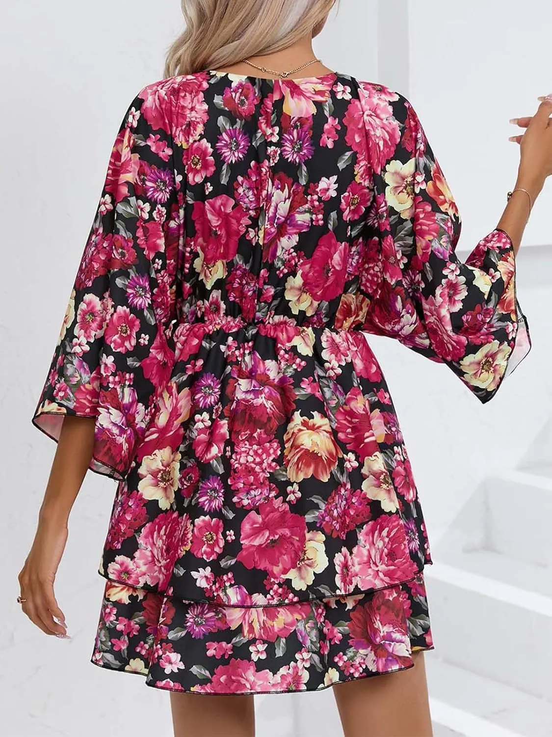 IVERIRMIN Women's Boho Floral Print 3/4 Long Sleeve Short Dress Flowy V Neck A Line Ruffle Tiered Mini Dresses