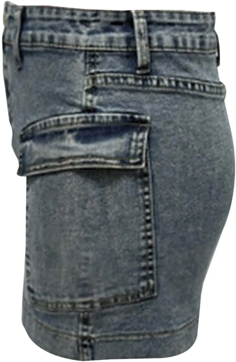 Jean Skirts for Women A-Line High Waisted Summer Casual Cargo Skirts Trendy Going Out Mini Skirts with Pockets