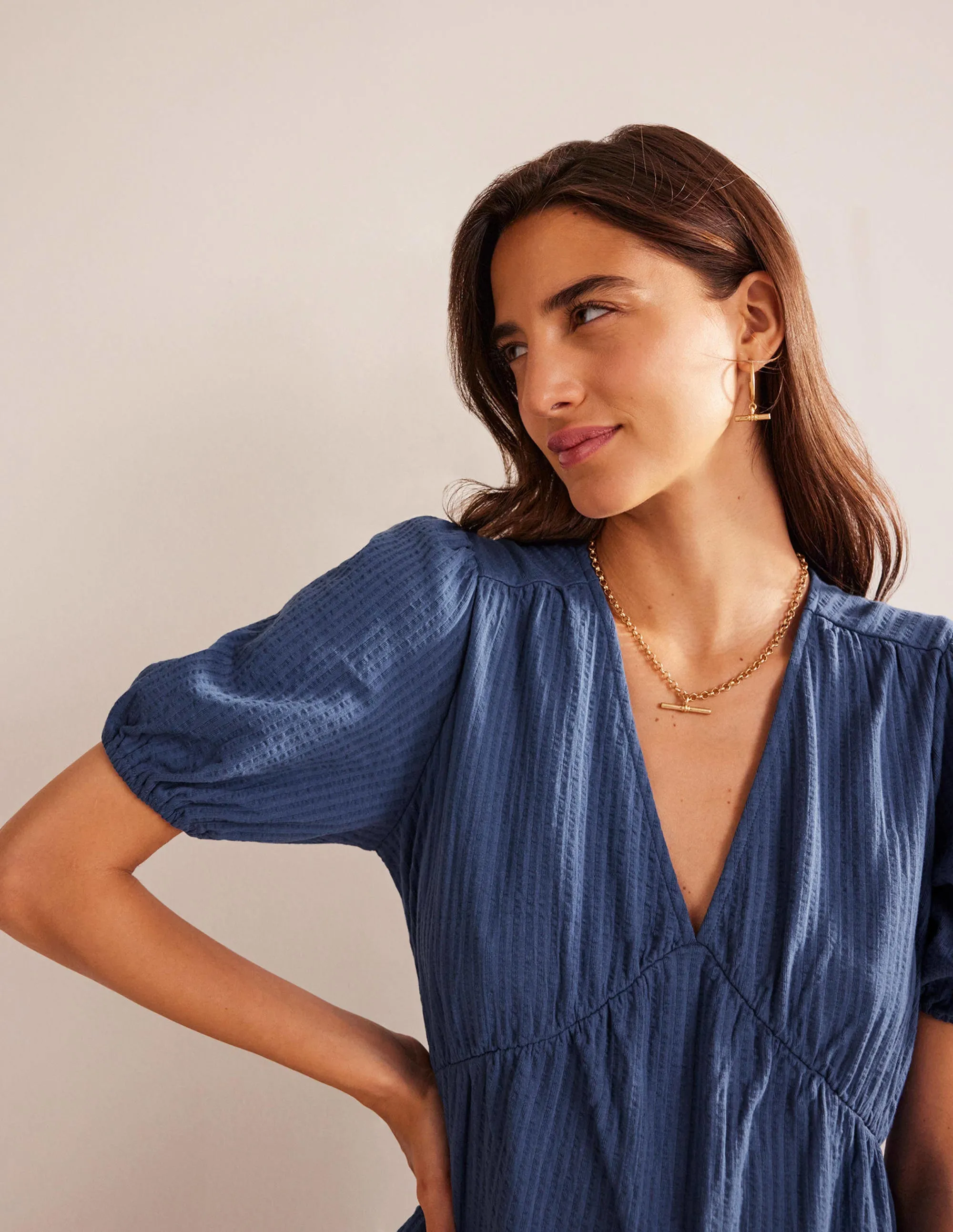Jersey Seersucker Dress-True Navy