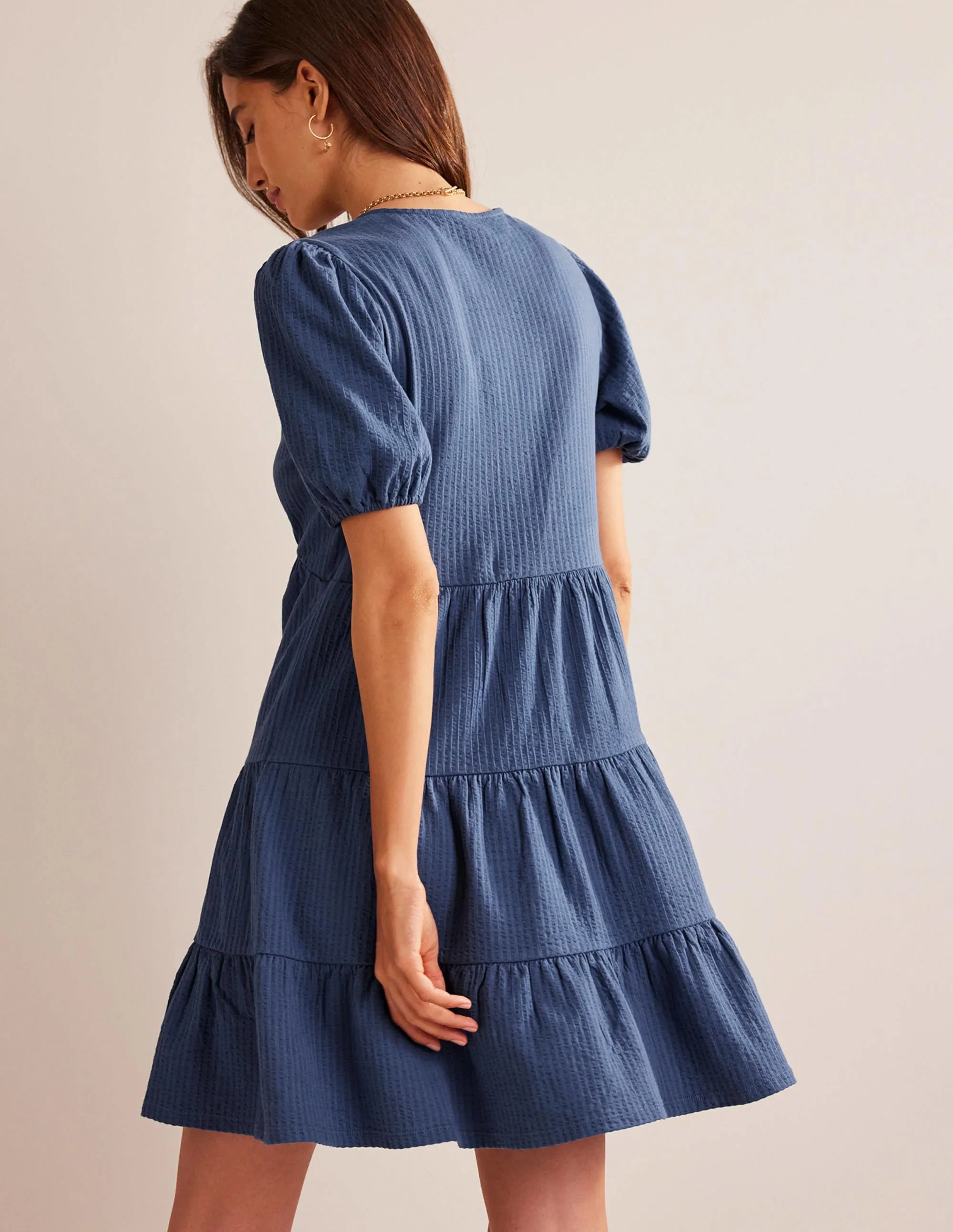 Jersey Seersucker Dress-True Navy
