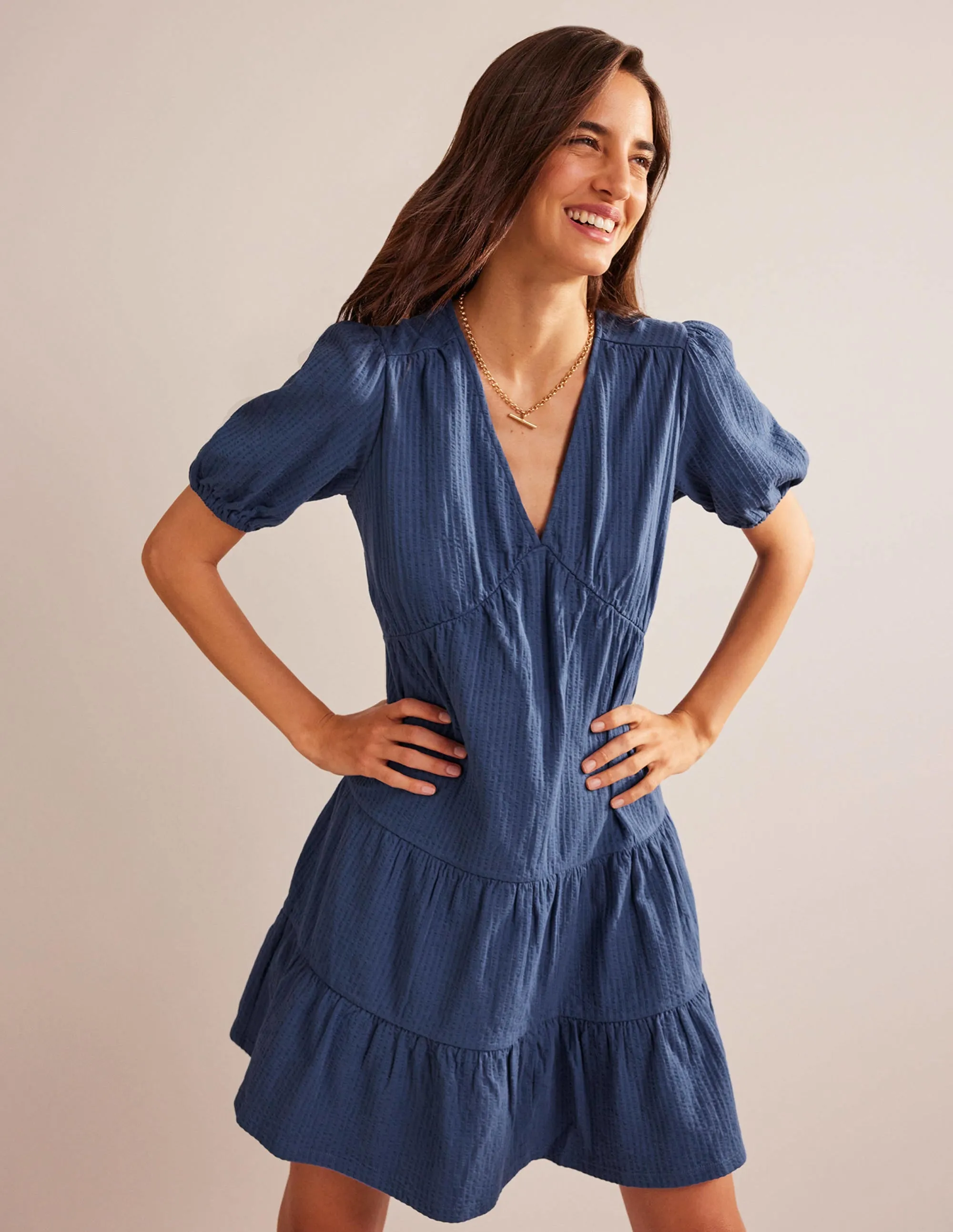 Jersey Seersucker Dress-True Navy