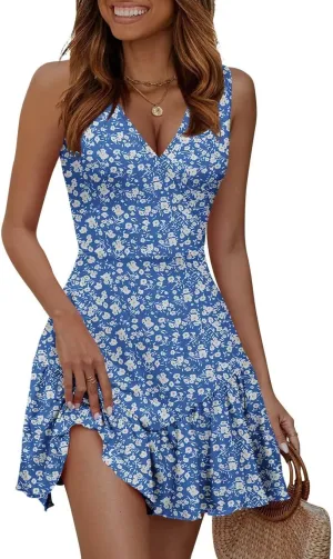 JOCAFIYE Women's Dresses Summer Sleeveless Sexy Wrap V Neck Floral Sundress Mini Dress Beach Dress