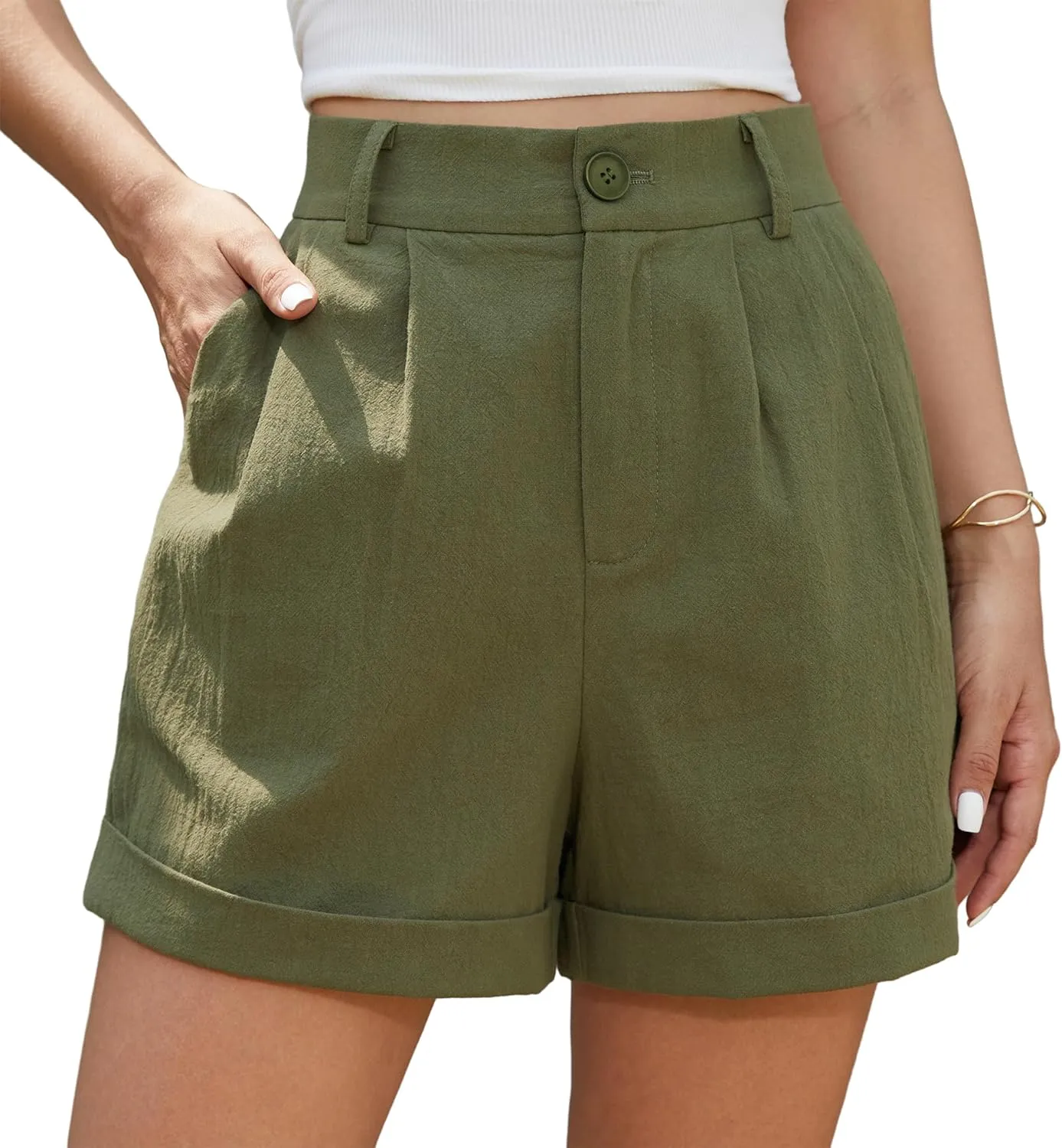 Jouica Womens Summer High Waist Linen Shorts Roll Up Pleated Zippered Wrap Hem Wide Leg Shorts with Pockets